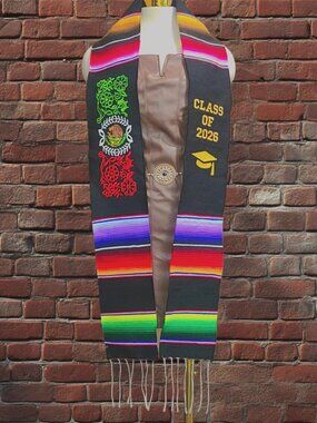 Mexican Graduation Sash Class 2026 Stole Multicolor and Black on Gold Embroider